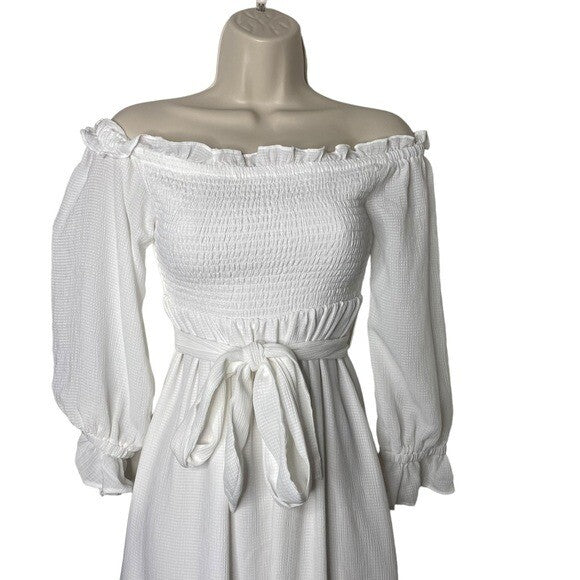 1. STATE NEW Off the Shoulder Smocked Bodice Midi Dress in New Ivory Size XXS