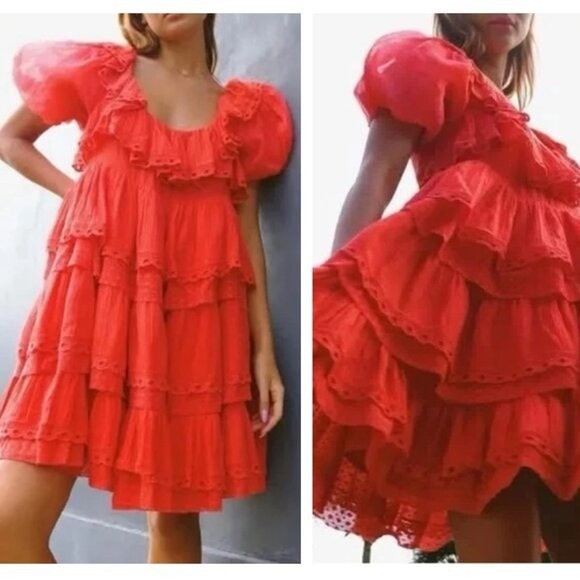 INNIKA CHOO Poinciana Red Organdy Puff Sleeve Scalloped Layer Mini Dress Size S