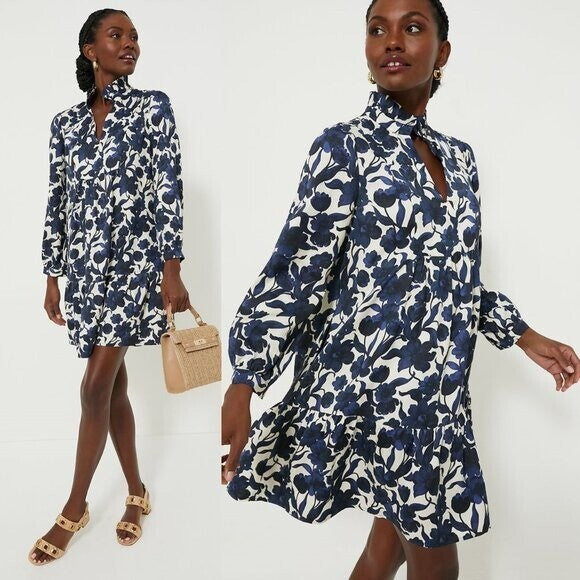 Tuckernuck NEW Blue Poppy Palmerston Drop Waist Long Sleeve Mini Dress Size XXS