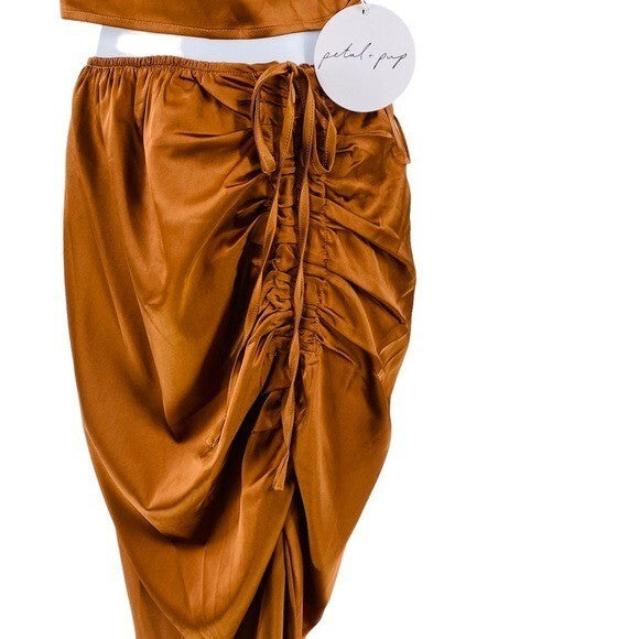 Mable x Petal and Pup NEW Angelique Open Back Satin Cognac Matching Set Size S