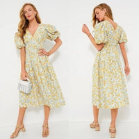 Hyacinth House NEW Blue and Orange Floral Puff Sleeve Pauline Midi Dress XXS