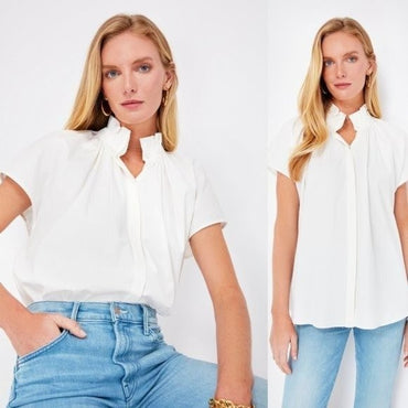 Pomander Place | NEW White Rae Ruffle Collar Short Sleeve Blouse Size S