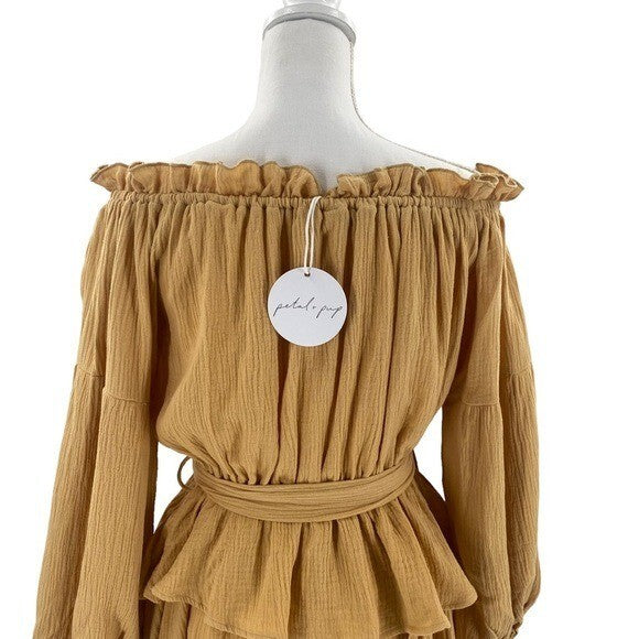 Petal & Pup NEW Callie Off the Shoulder Gauzy Ruffle Mini Dress Yellow Size XS