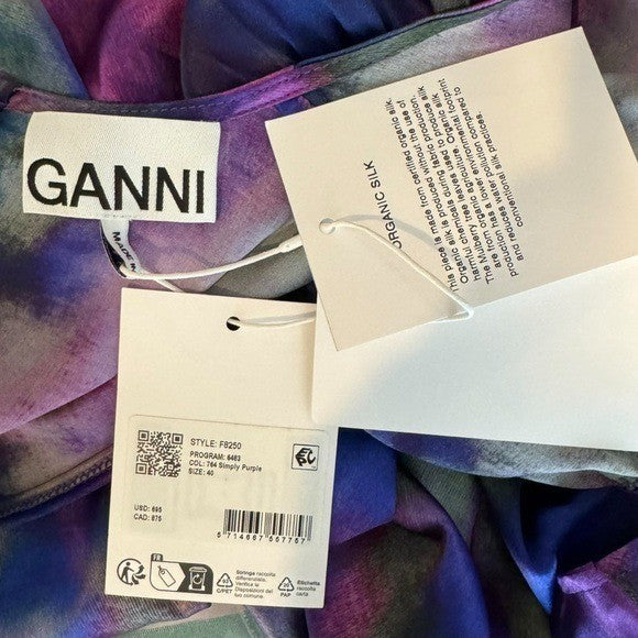 Ganni NEW Watercolor Simply Purple Silk Stretch Formal Satin Midi Dress Size L