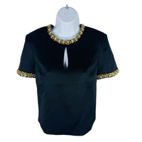 SELF-PORTRAIT NEW Embellished Black Gold Satin Short Sleeve Blouse Size 4