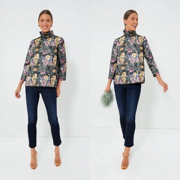 Tuckernuck NEW Midnight Primrose Jacquard Preppy Floral Bow Blouse Size Small