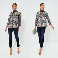 Tuckernuck NEW Midnight Primrose Jacquard Preppy Floral Bow Blouse Size Small