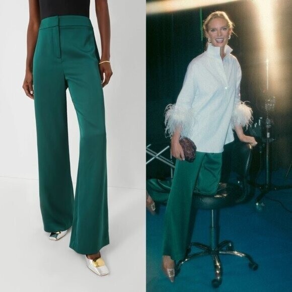 Tuckernuck NEW Rainforest Green Erin Satin Wide Leg Trouser High Rise Pants S