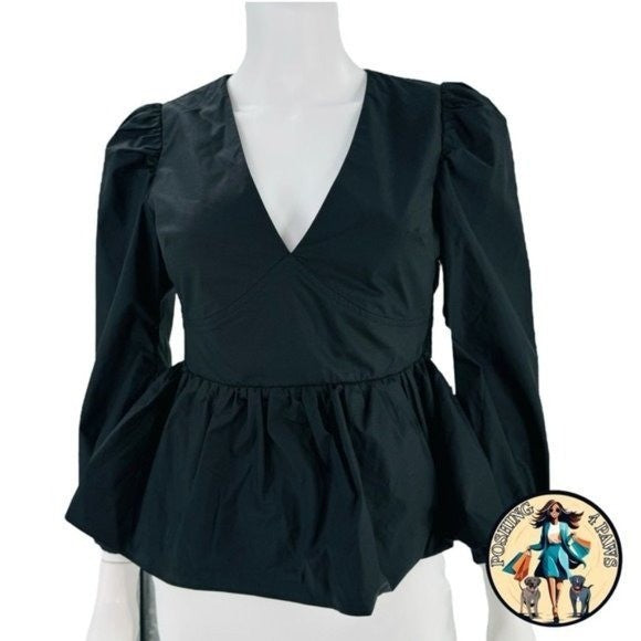 Hyacinth House NEW Black Elaina Puff Sleeve Peplum Blouse Top Size XL