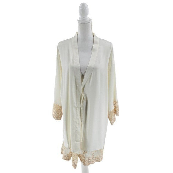 Flora Nikrooz NEW Rosa Kimono Satin Lace Trim Robe in Ivory Size M