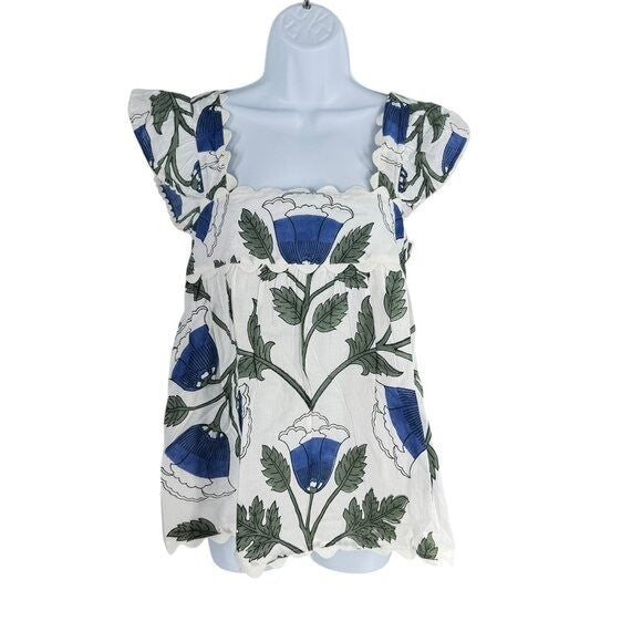 Juliet Dunn NEW White and Klein Blue Baby Doll Floral Scalloped Top Size M