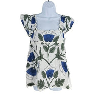 Juliet Dunn NEW White and Klein Blue Baby Doll Floral Scalloped Top Size M