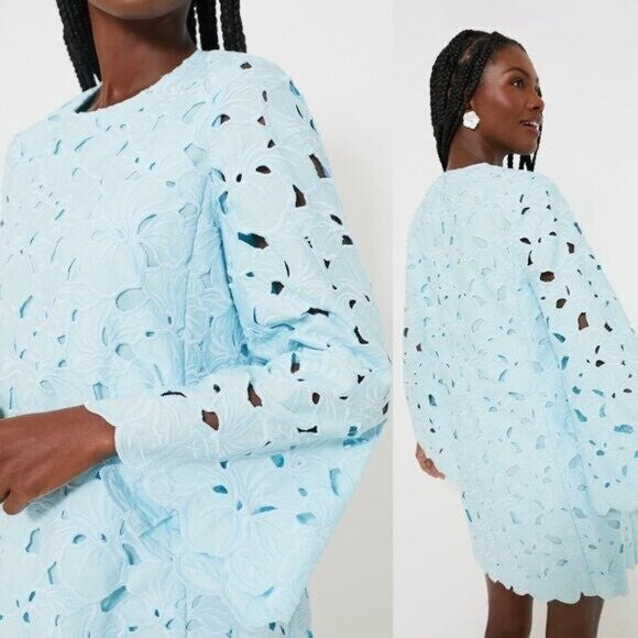 Tuckernuck NEW Aqua Floral Lace Camilla Long Flared Sleeve Mini Dress Size L
