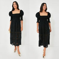 O.P.T. NEW Black Wednesday Cotton Eyelet Puff Sleeve Midi Dress Size XS