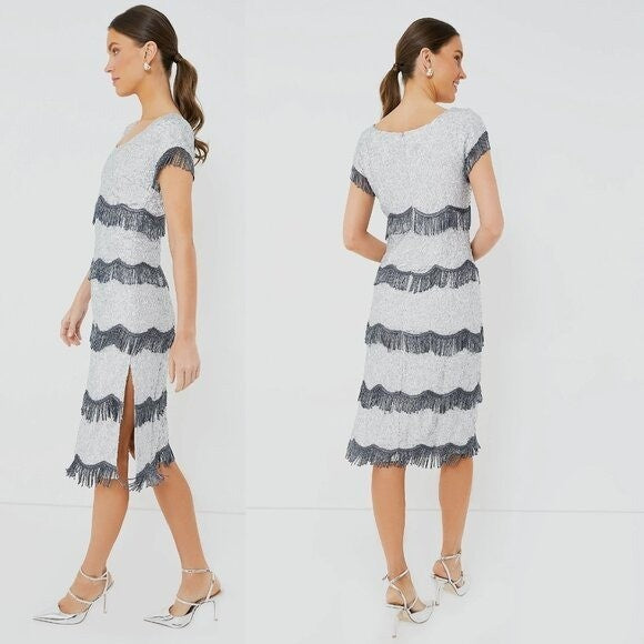 Batsheva NEW Octavia Cocktail Party Formal Midi Dress in Silver Sequin Size 6