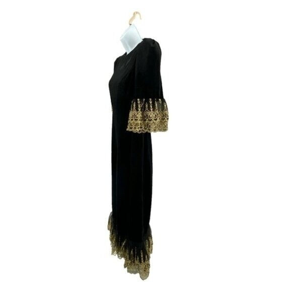 NEW Pomander Place Black Velvet Lillith Gold Embroidered Lace Maxi Dress Size XS