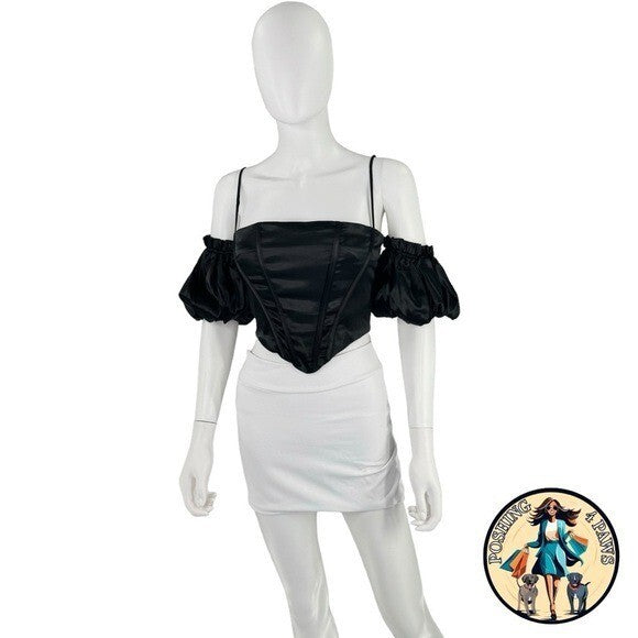 superdown Black Satin Off the Shoulder Phoebe Corset Top in Black Size Small