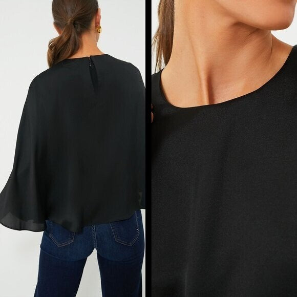 Tuckernuck NEW Black Selma Satin Twill Cape Flowy Round Neck Blouse Top Size M