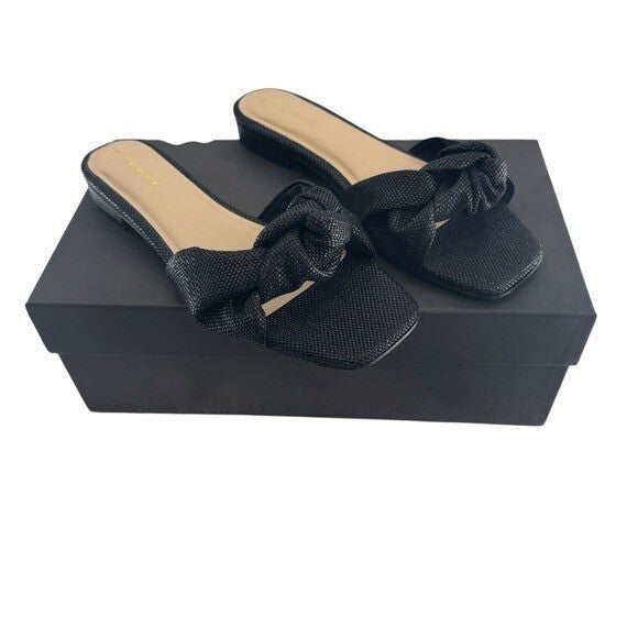 Tuckernuck NEW Black Raffia Britt Square Toe Knot Slip On Flat Sandal Size 7