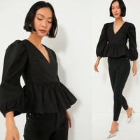 Hyacinth House NEW Black Elaina Puff Sleeve Peplum Blouse Top Size XL