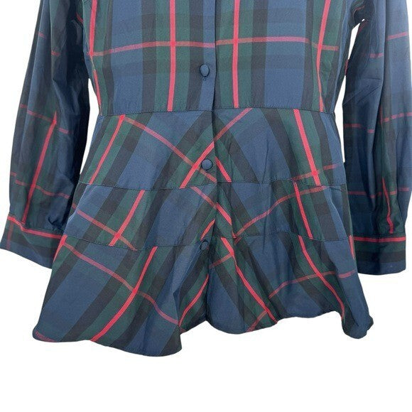 Pomander Place NEW Fraser Navy Plaid Ashlen Peplum Long Sleeve Blouse Top Size M
