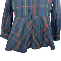 Pomander Place NEW Fraser Navy Plaid Ashlen Peplum Long Sleeve Blouse Top Size M
