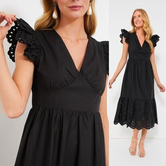 Hyacinth House NEW Black Eyelet Marshall V Neck Classic Midi Dress Size XXS