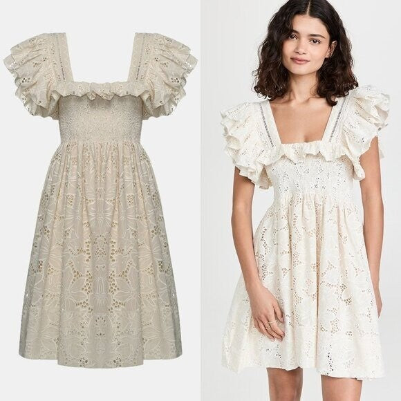 Lug Von Siga NEW Ivory Valery Eyelet Lace Square Neck Mini Dress Size 6