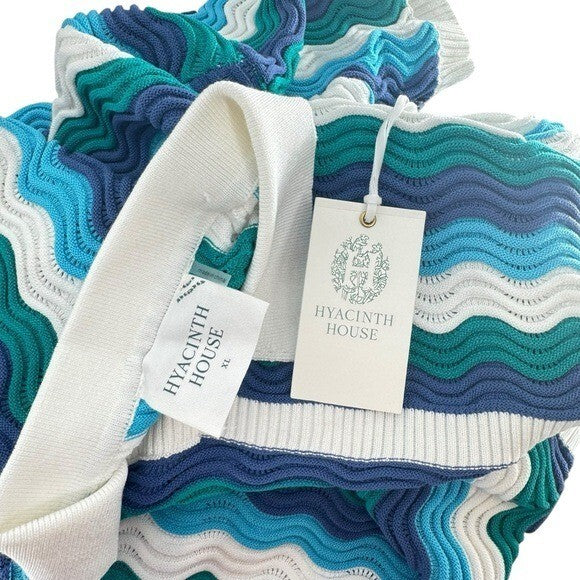 Hyacinth House NEW Aqua Wavy Sammie Blue White Coastal Knit Mini Dress Size XL