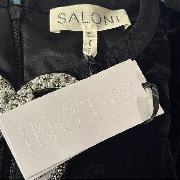 Saloni NEW Velvet Camille Bows Long Sleeve Formal Elegant Midi Dress Size 2