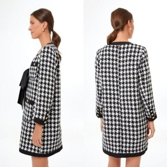 Pomander Place | NEW Coco Tweed Houndstooth Bow Mini Dress Black White Size L
