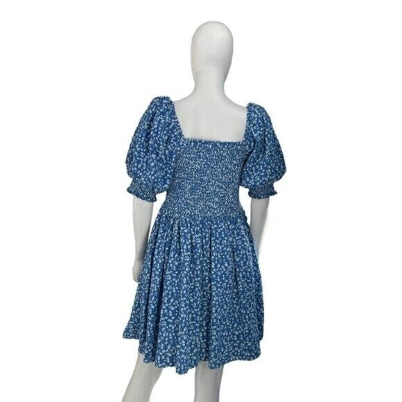 Hyacinth House NEW Blue Micro Floral Smocked Short Sleeve Mini Dress Size M