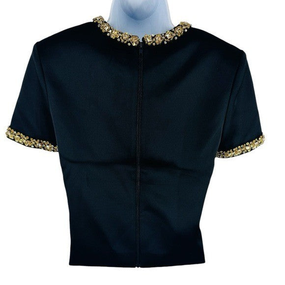 SELF-PORTRAIT NEW Embellished Black Gold Satin Short Sleeve Blouse Size 4