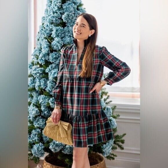 Tuckernuck Palmerston Tartan Plaid Drop Waist Long Sleeve Mini Dress Size XS