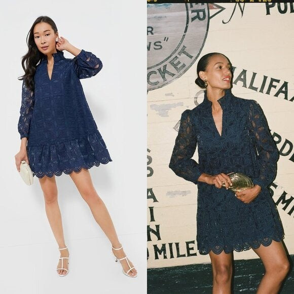 Tuckernuck NEW Navy Organza Lace Formal Palmerston Long Sleeve Mini Dress XS
