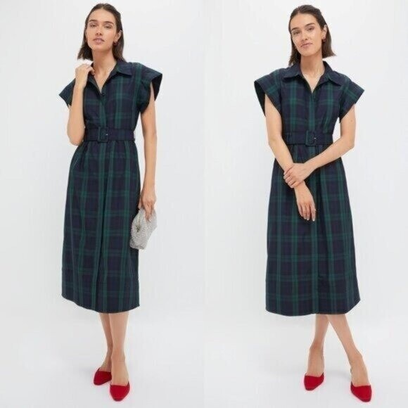 Tuckernuck NEW Blackwatch Chloe Plaid Navy Green Classic Midi Dress Size M