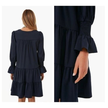 Pomander Place NEW Kenzo Crepe Relaxed Fit Tiered Mini Dress in Navy Size S