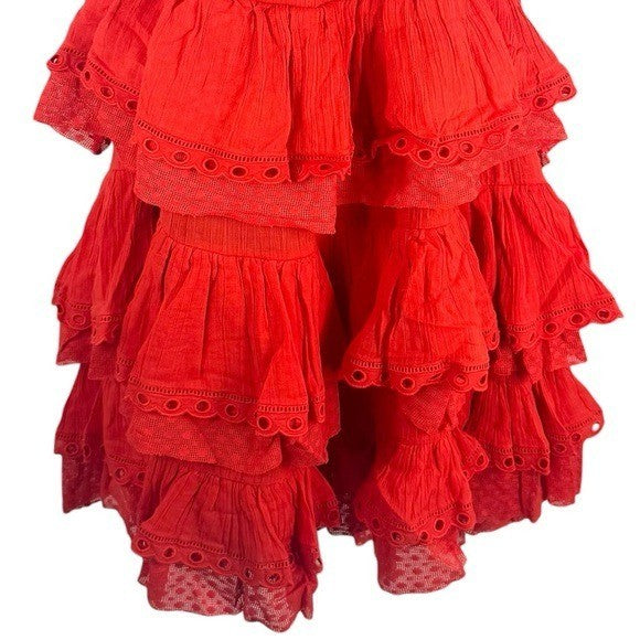 INNIKA CHOO Poinciana Red Organdy Puff Sleeve Scalloped Layer Mini Dress Size S