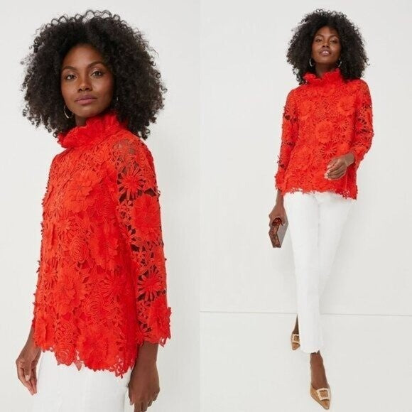 Tuckernuck | NEW Red Guipure Classy Lace Faye Bow Preppy Blouse Size XL
