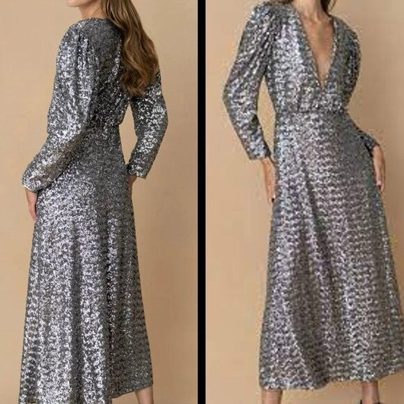 BORGO DE NOR NEW Bernadette Sequin Crepe Formal Long Sleeve Maxi Dress Size XS