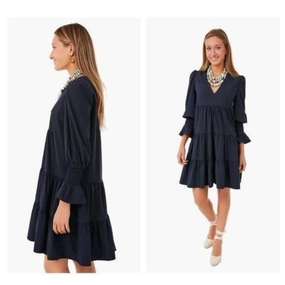 Pomander Place NEW Kenzo Crepe Relaxed Fit Tiered Mini Dress in Navy Size S