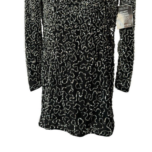 Retrofete NEW Nikki Sequins Long Sleeve Black Cocktail Party Mini Dress Size L