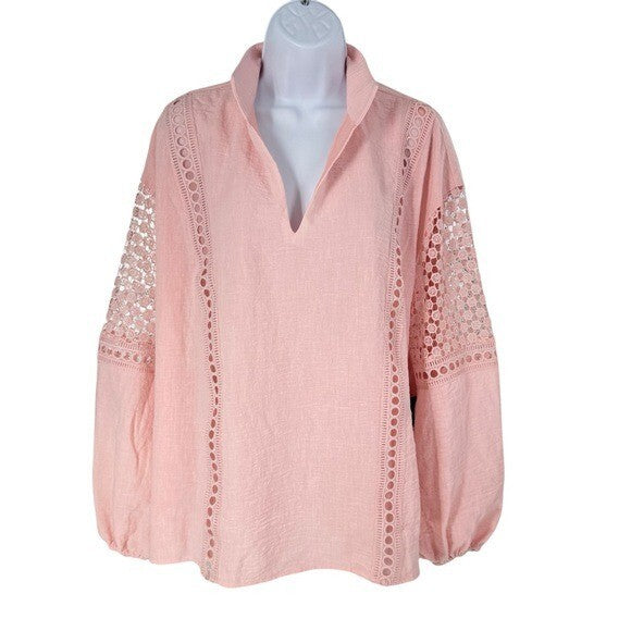 Tuckernuck | NEW Pink Salt Eyelet Jane Long Blouson Sleeve Blouse Size XXL