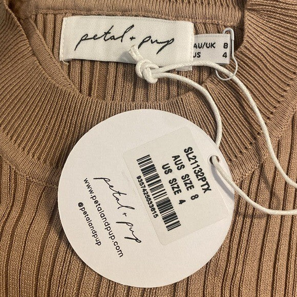 Petal & Pup NEW Milleri Long Sleeve Open Back Ribbed Dress in Camel Tan Size 4