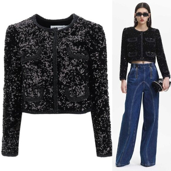 Self-Portrait NEW Black Sequin Cropped Evening Cocktail Party Jacket Size 0 XS