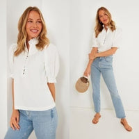 Pomander Place | NEW White Selena Short Puff Sleeve Ruffle Collar Blouse Size S