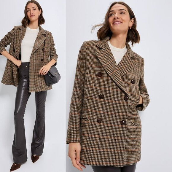 Tuckernuck NEW Brown Houndstooth Kensington Winter Wool Pea Coat Size XL