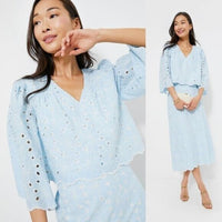 Tuckernuck NEW Airy Blue Eyelet Daniella Lace Flared sleeve Blouse Top Size XL