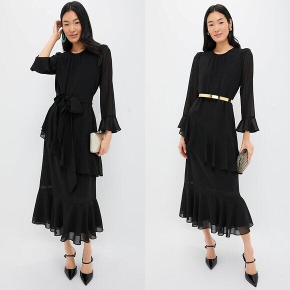 Tuckernuck NEW Black Sasha Long Sleeve Formal Ruffle Party Midi Dress Size XS