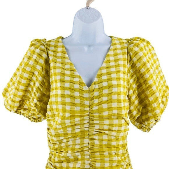 Petal and Pup NEW Tenice V Neck Gingham Puff Sleeve Mini Dress Green Size XS